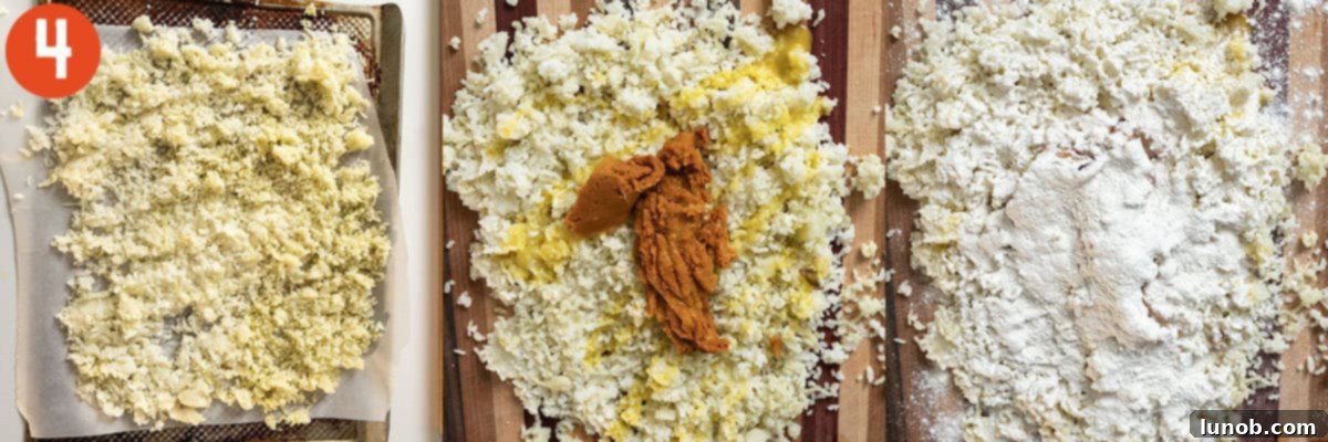 Riced potatoes combined with whisked egg yolk, pumpkin puree, and half of the flour and salt.