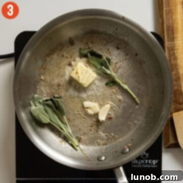 Pumpkin Gnocchi Perfection 6 Butter, sage leaves, and crushed garlic sizzling in a pan.