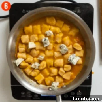 Pumpkin Gnocchi Perfection 9 Melted gorgonzola cheese being stirred into the pumpkin gnocchi sauce.