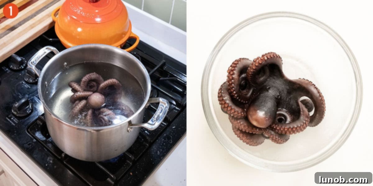A whole octopus being boiled in a large pot, the tentacles already showing a slight curl, indicating the cooking process has begun.
